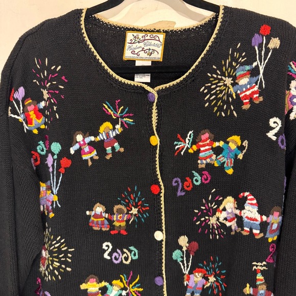 Vintage Y2K Embroidered Cardigan Sweater L Black New Year's Eve Party Fireworks - Picture 2 of 13